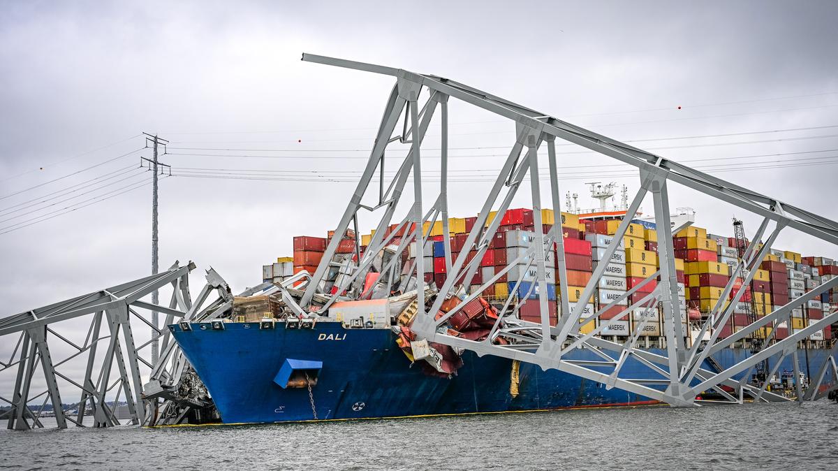 The container ship Dali is seen in the wreckage of Francis Scott Key Bridge April 1, 2024, almost a week after it hit a structural pier causing a subsequent bridge collapse.. (Jerry Jackson/The Baltimore Sun/TNS)