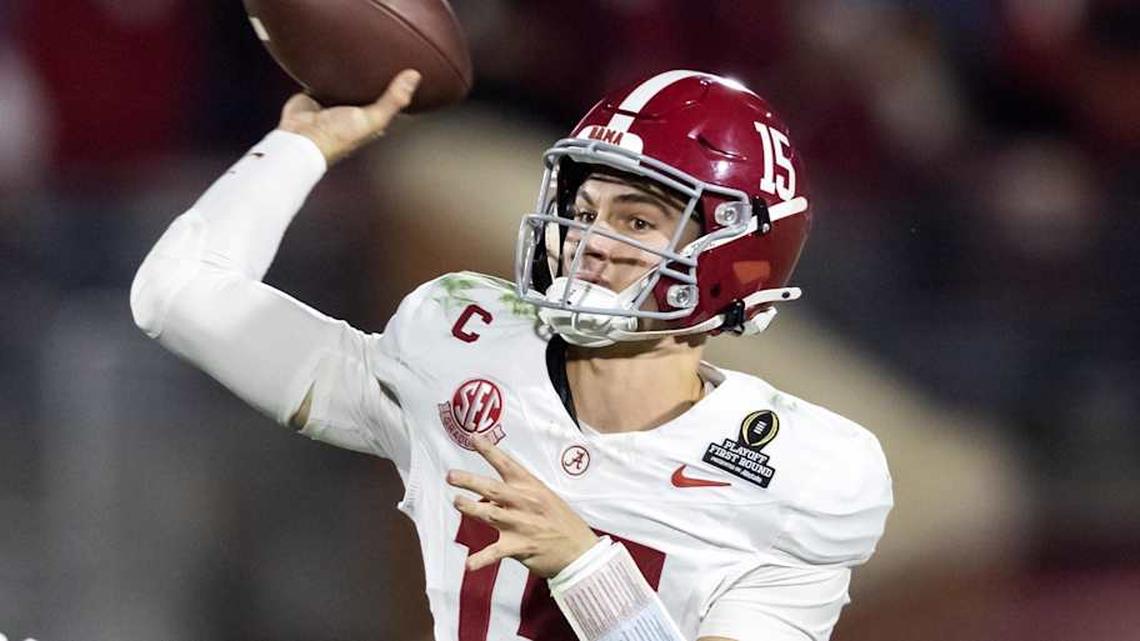  Dec 19, 2025; Norman, OK, USA; Alabama Crimson Tide quarterback Ty Simpson (15) against the Oklahoma Sooners during the CFP National Playoff First Round at Gaylord Family Oklahoma Memorial Stadium. Mandatory Credit: Mark J. Rebilas-Imagn Images | Mark J. Rebilas-Imagn Images 