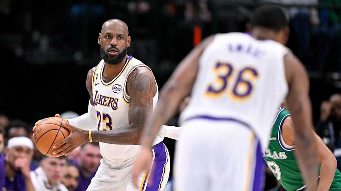  Jan 24, 2026; Dallas, Texas, USA; Los Angeles Lakers forward LeBron James (23) looks to pass the ball to guard Marcus Smart (36) during the second quarter against the Dallas Mavericks at the American Airlines Center. Mandatory Credit: Jerome Miron-Imagn Images | Jerome Miron-Imagn Images 
