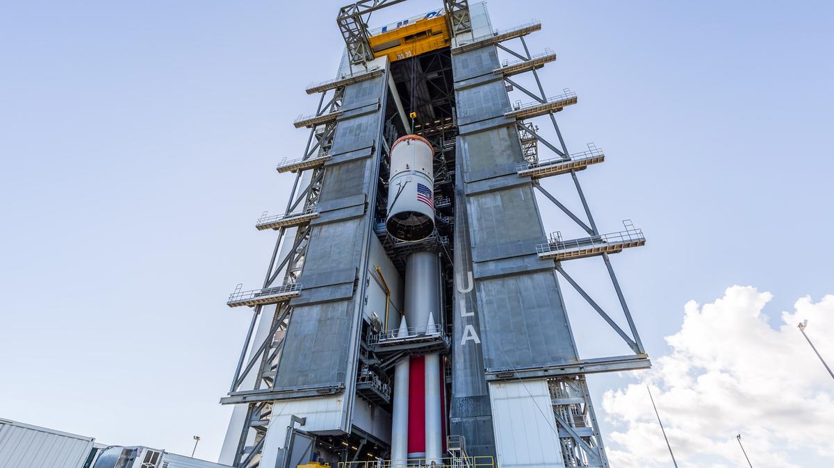 This January 2026 photo shows the Centaur V upper stage used on United Launch Alliance’s Vulcan rocket missions being lifted in ULA’s vertical integration facility at Cape Canaveral Space Force Station ahead of a mission for the Space Force. (United Launch Alliance/TNS)