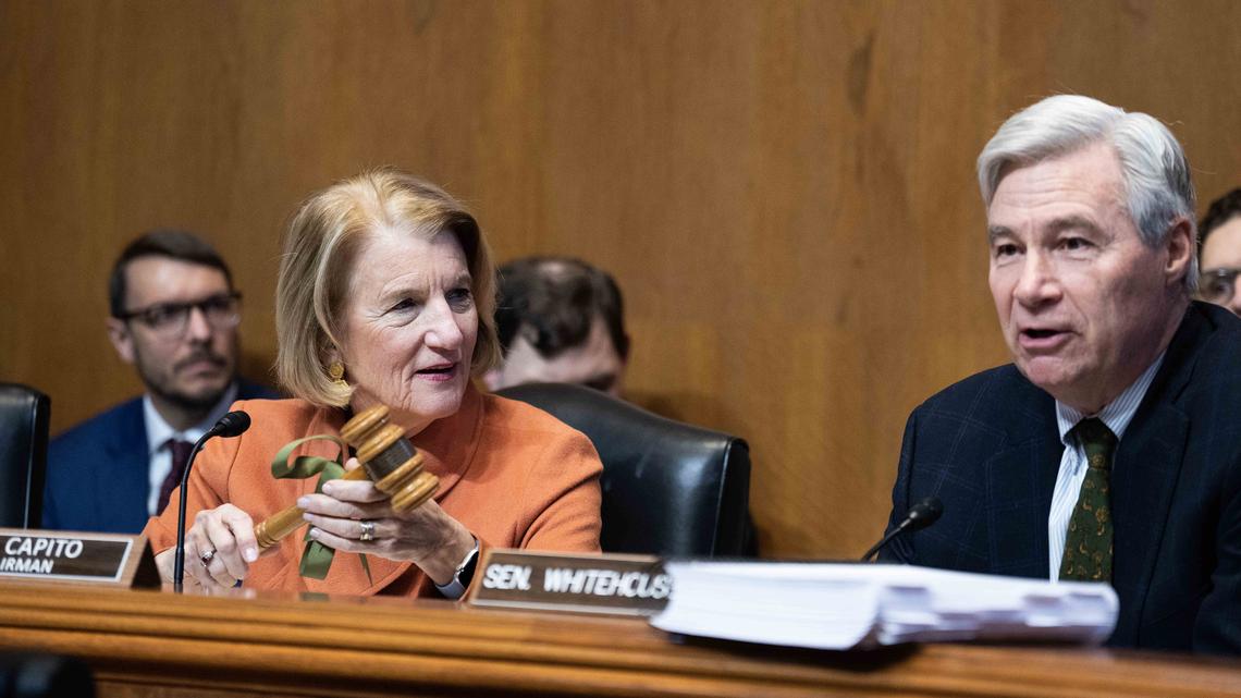 Chairman Sen. Shelley Moore Capito, R-W.Va., left, and Sen. Sheldon Whitehouse, D-R.I., during the Senate Environment and Public Works Committee confirmation hearing for Lee Zeldin on Jan. 16, 2025.