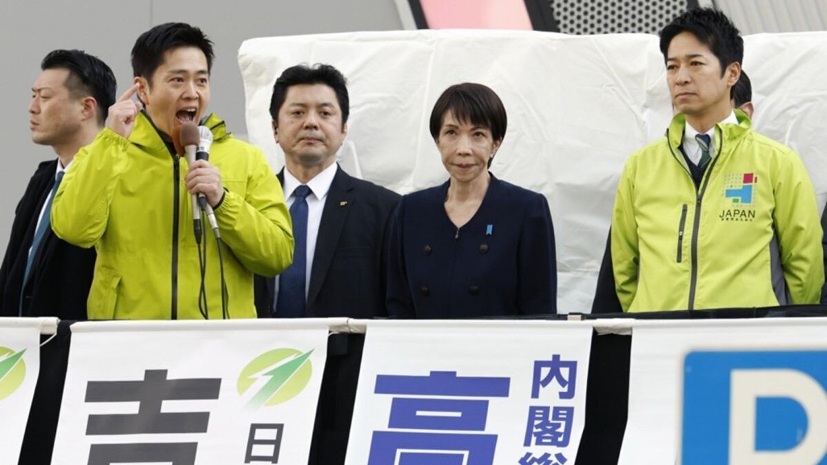 Japan Innovation Party leader Hirofumi Yoshimura, second from left, and co-leader Fumitake Fujita, right, attend an election campaign rally with Japanese Prime Minister and Liberal Democratic Party leader Sanae Takaichi, center, in Tokyo on Jan. 27, 2026. Takaichi was re-elected prime minister after the Feb. 8 general election. Photo by Franck Robichon/EPA