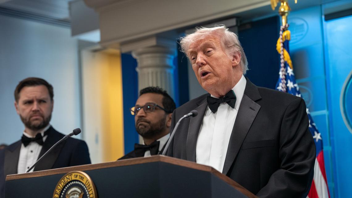 U.S. President Donald Trump speaks during a press conference in the Brady Briefing Room of the White House on Saturday, April 25, 2026, in Washington, D.C.