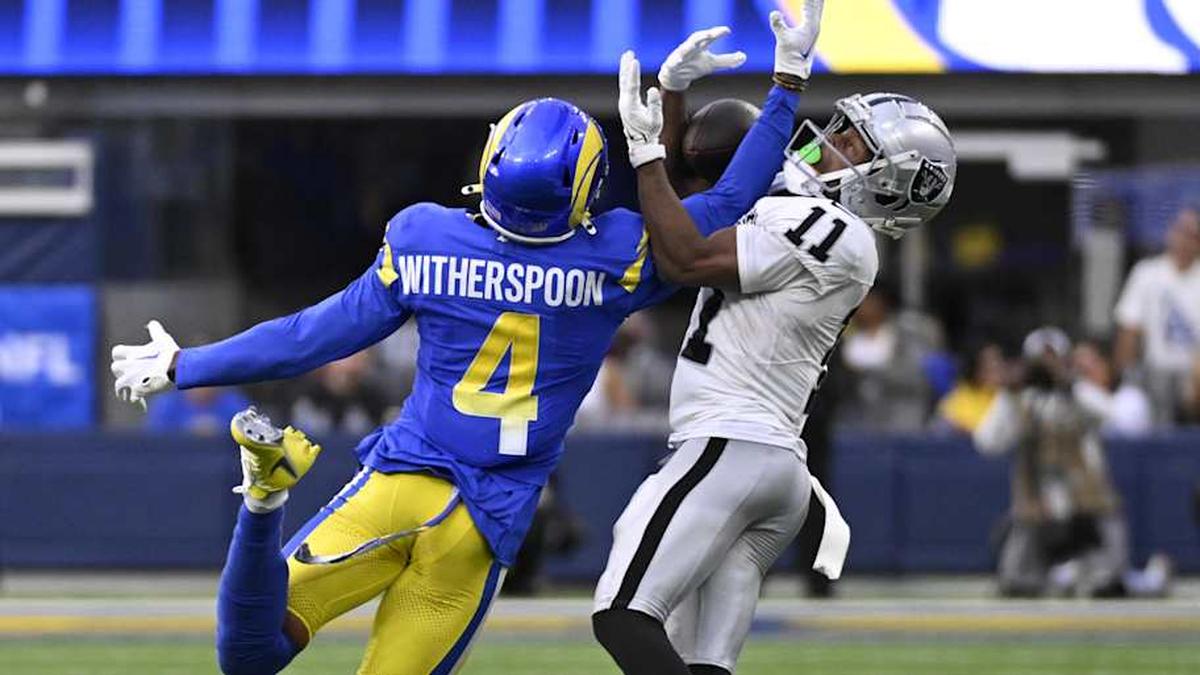  Oct 20, 2024; Inglewood, California, USA; Los Angeles Rams cornerback Ahkello Witherspoon (4) knocks the ball away intended for Las Vegas Raiders wide receiver Tre Tucker (11) in the second half at SoFi Stadium. Mandatory Credit: Alex Gallardo-Imagn Images | Alex Gallardo-Imagn Images 
