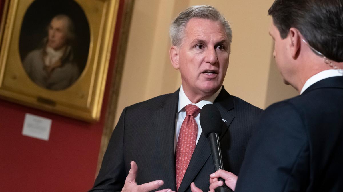 House Minority Leader Kevin McCarthy, R-Calif., speaks during a television interview as the House considers President Joe Biden’s $1.85 trillion-and-growing domestic policy package, at the Capitol in Washington, Friday, Nov. 5, 2021. (AP Photo/J. Scott Applewhite)