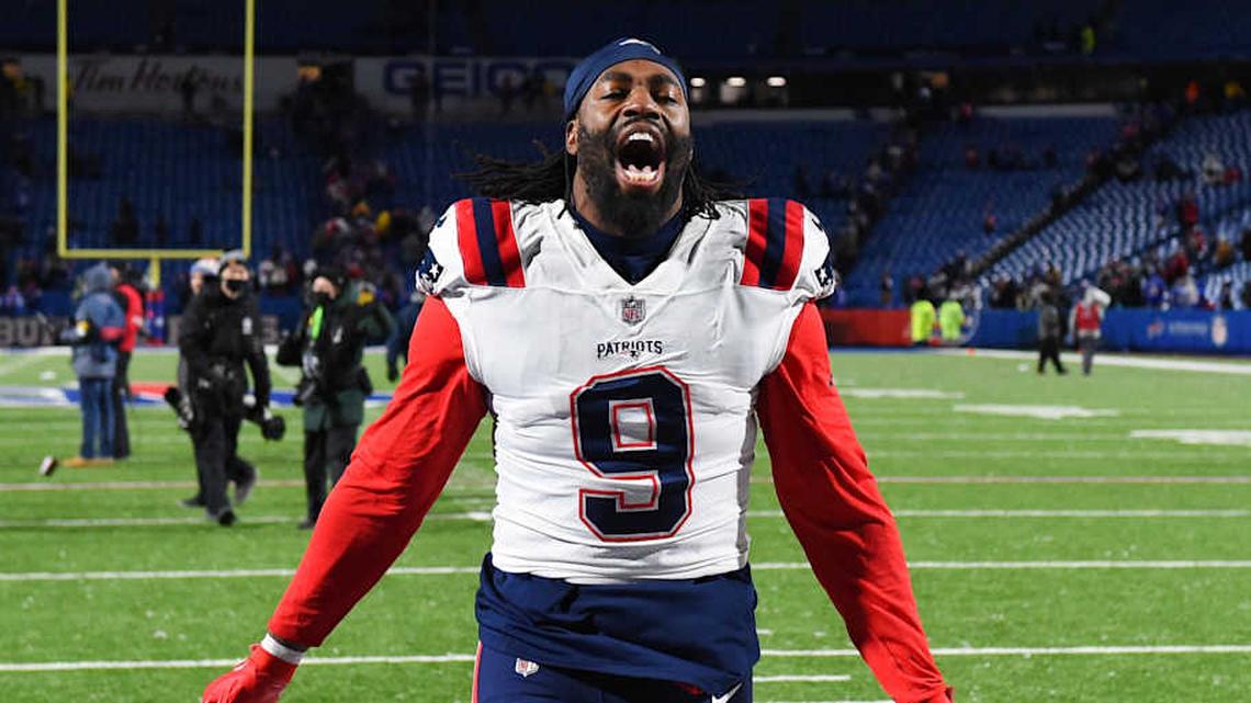  Dec 6, 2021; Orchard Park, New York, USA; New England Patriots outside linebacker Matt Judon (9) celebrates while leaving the field following the game against the Buffalo Bills at Highmark Stadium. Mandatory Credit: Rich Barnes-Imagn Images | Rich Barnes-Imagn Images 