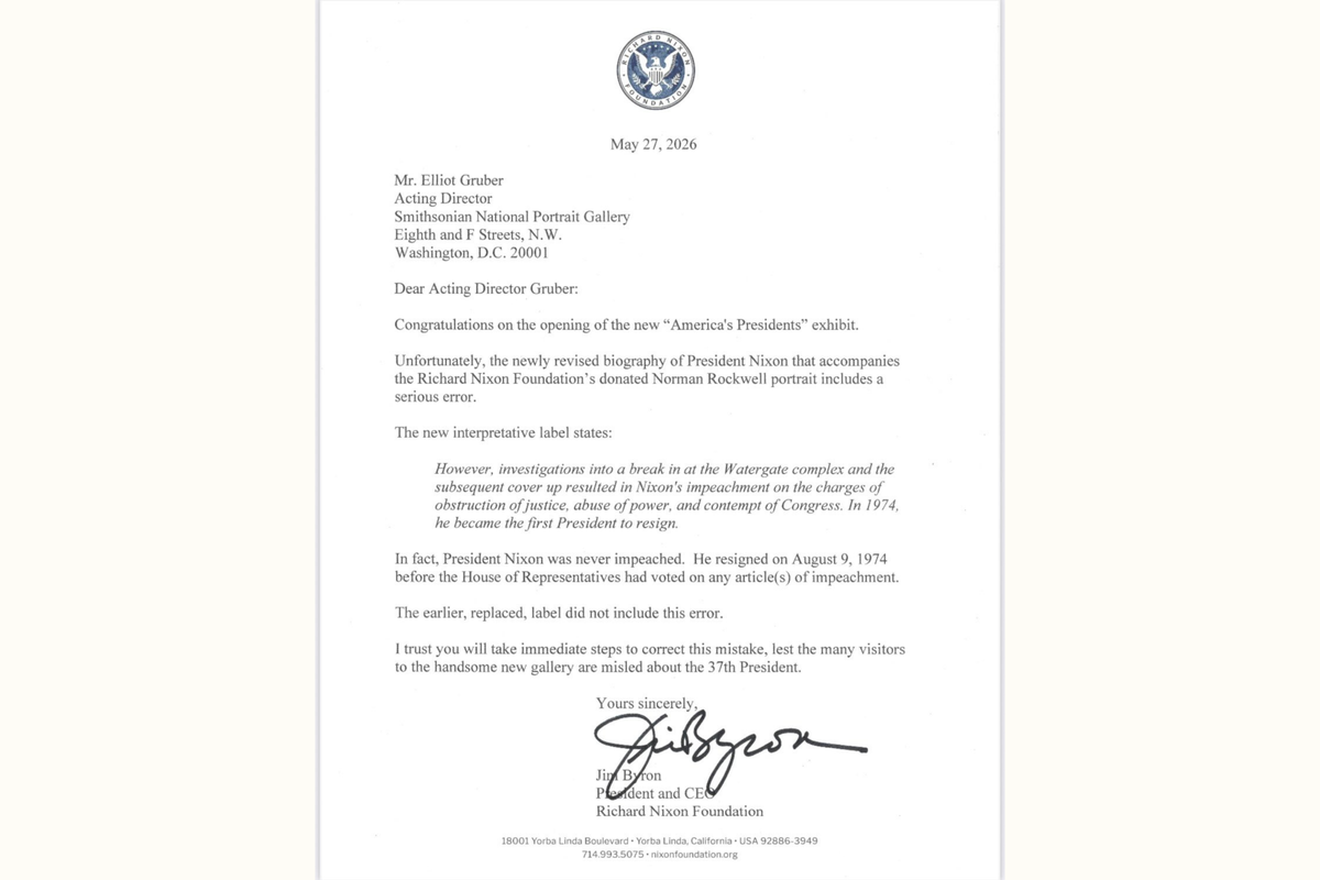  A picture of the letter sent to the National Portrait Gallery by the Richard Nixon Foundation. 