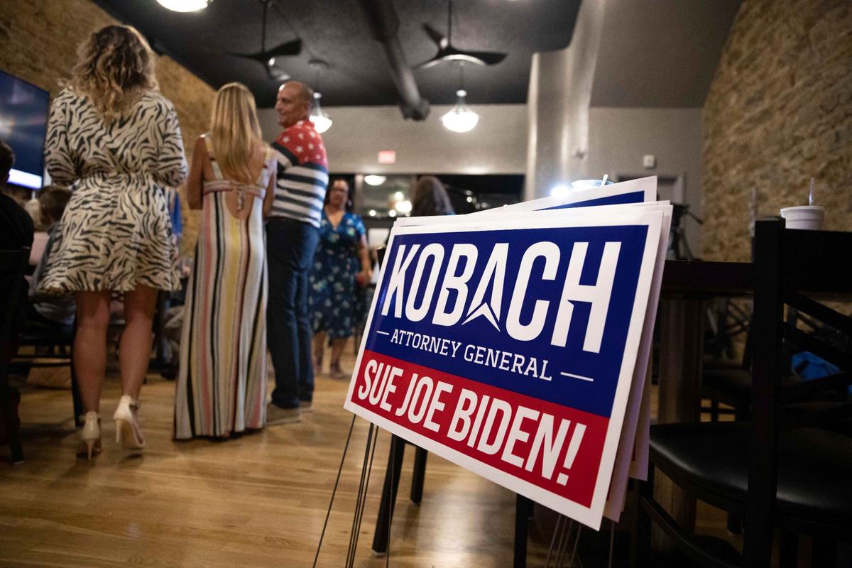 People attend Kris Kobach’s Aug. 2 watch party at the Celtic Fox Irish Pub and Restaurant in Topeka during the primary election.