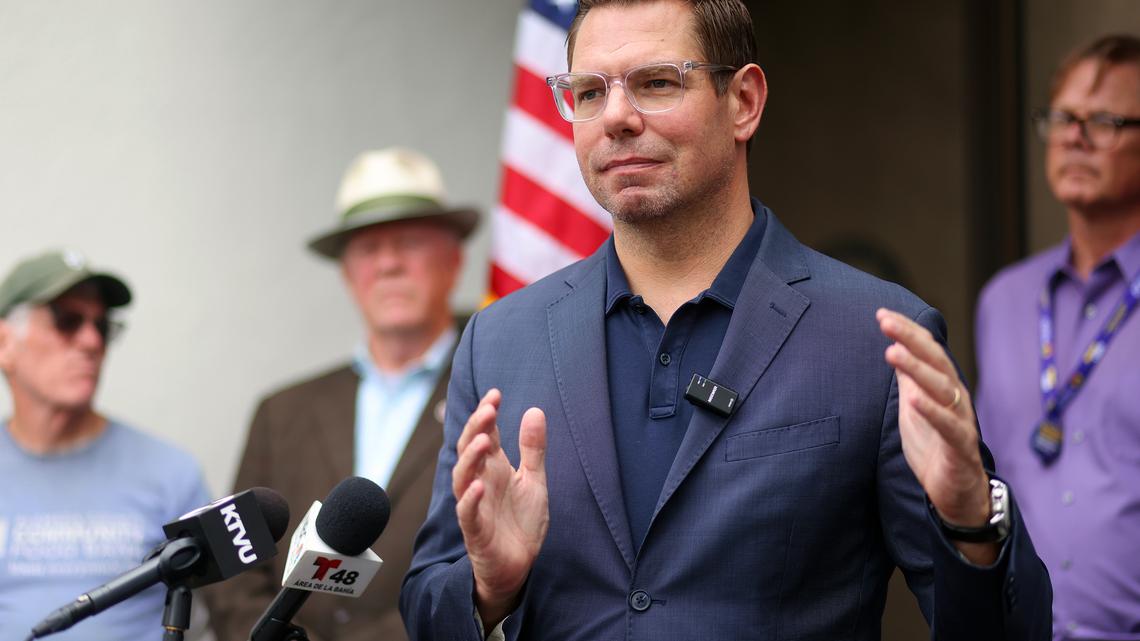 Then-Congressman Eric Swalwell, middle, takes part in a news conference addressing the federal government shutdown on Oct. 1, 2025, in Castro Valley, California. (Aric Crabb/Bay Area News Group/TNS)