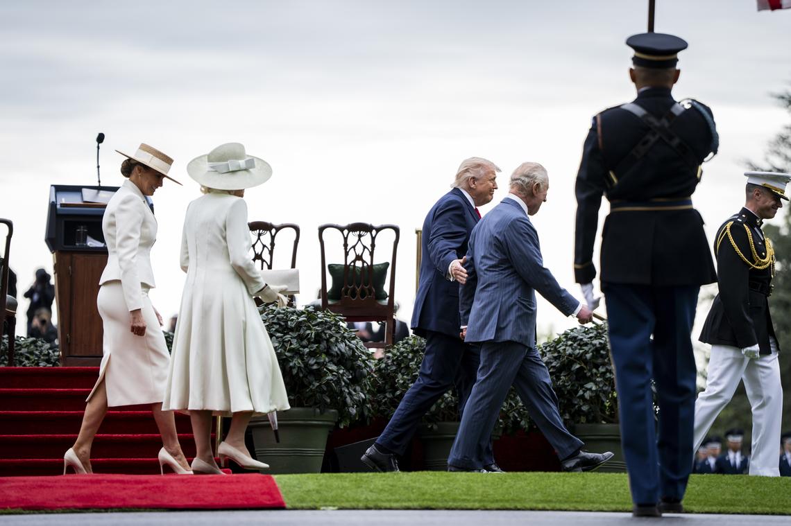 From right: King Charles III walks with President Donald Trump walks and Queen Camilla with first lady Melania Trump during an arrival ceremony on the South Lawn of the White House in Washington, on Tuesday, April 28, 2026. (Haiyun Jiang/The New York Times)