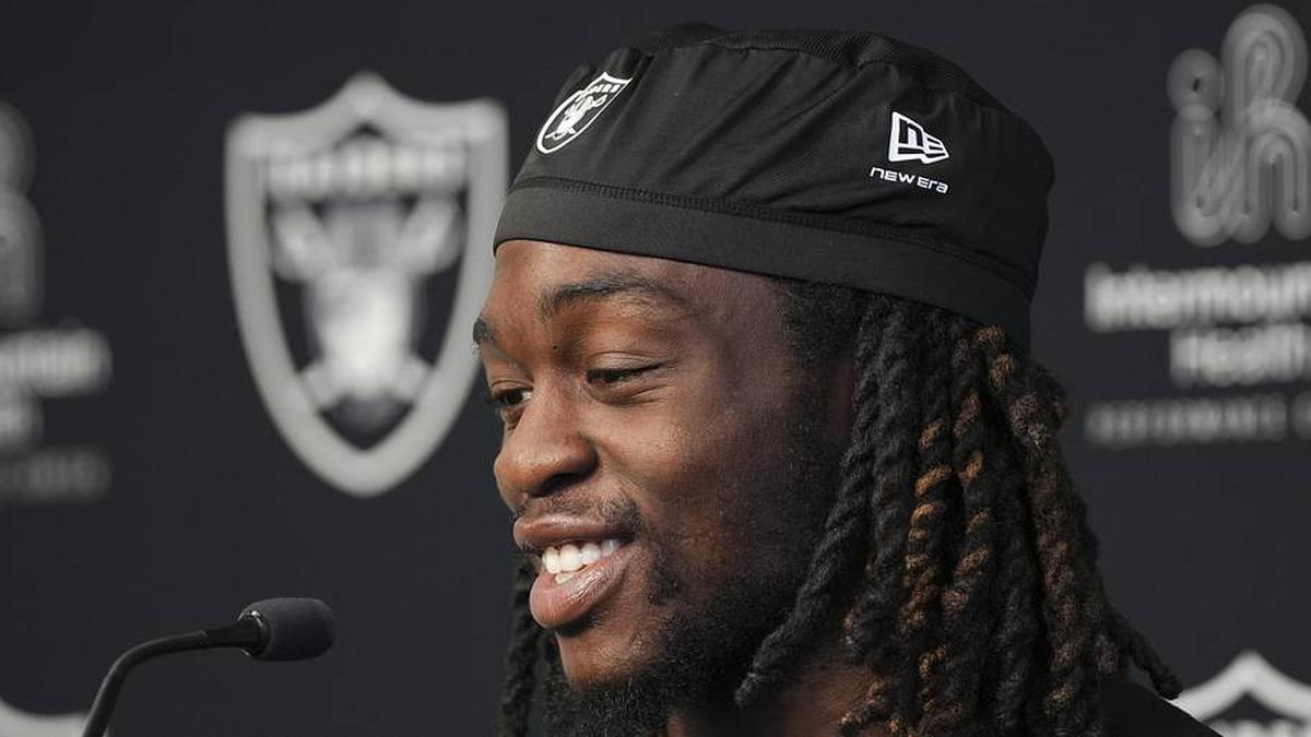  May 20, 2026; Henderson, NV, USA; Las Vegas Raiders running back Ashton Jeanty (2) speaks during a news conference during organized team activities at Intermountain Health Performance Center. Mandatory Credit: Candice Ward-Imagn Images | Candice Ward-Imagn Images 
