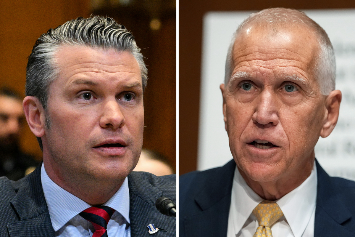  Defense Secretary Pete Hegseth (left) testifies before Congress; Senator Thom Tillis of North Carolina (right) speaks during a Senate Committee on Banking, Housing, and Urban Affairs confirmation hearing for Kevin Warsh. (Photos by Jim Watson/AFP and Andrew Harnik via Getty Images) 