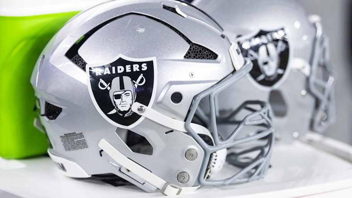  Aug 23, 2025; Glendale, Arizona, USA; Detailed view of a Las Vegas Raiders helmet during a preseason NFL game at State Farm Stadium. Mandatory Credit: Mark J. Rebilas-Imagn Images | Mark J. Rebilas-Imagn Images 