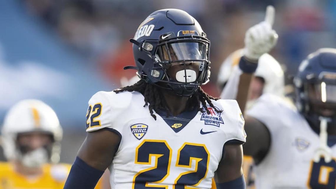  Dec 30, 2023; Tucson, AZ, USA; Toledo Rockets safety Emmanuel McNeil-Warren (22) against the Wyoming Cowboys in the Arizona Bowl at Arizona Stadium. Mandatory Credit: Mark J. Rebilas-USA TODAY Sports | Mark J. Rebilas-USA TODAY Sports 