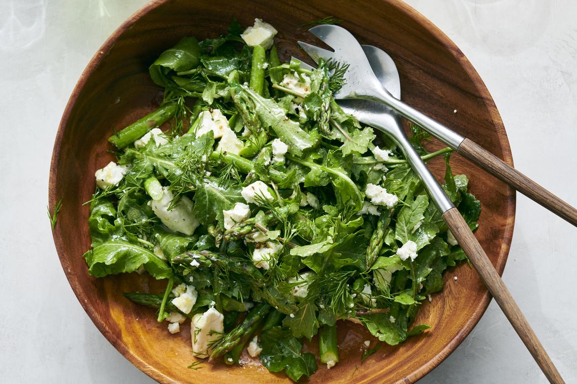 Asparagus-feta salad. Blanched asparagus dressed in a mustard vinaigrette is the star here. Food styled by Simon Andrews. (David Malosh/The New York Times)