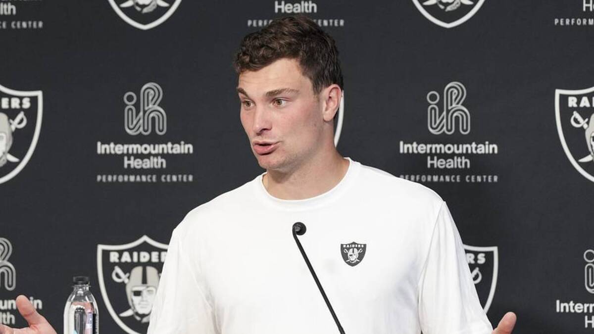  May 2, 2026; Henderson, NV, USA; Las Vegas Raiders quarterback Fernando Mendoza (15) speaks during a news conference at the team's Rookie Minicamp at Intermountain Health Performance Center. Mandatory Credit: Candice Ward-Imagn Images | Candice Ward-Imagn Images 