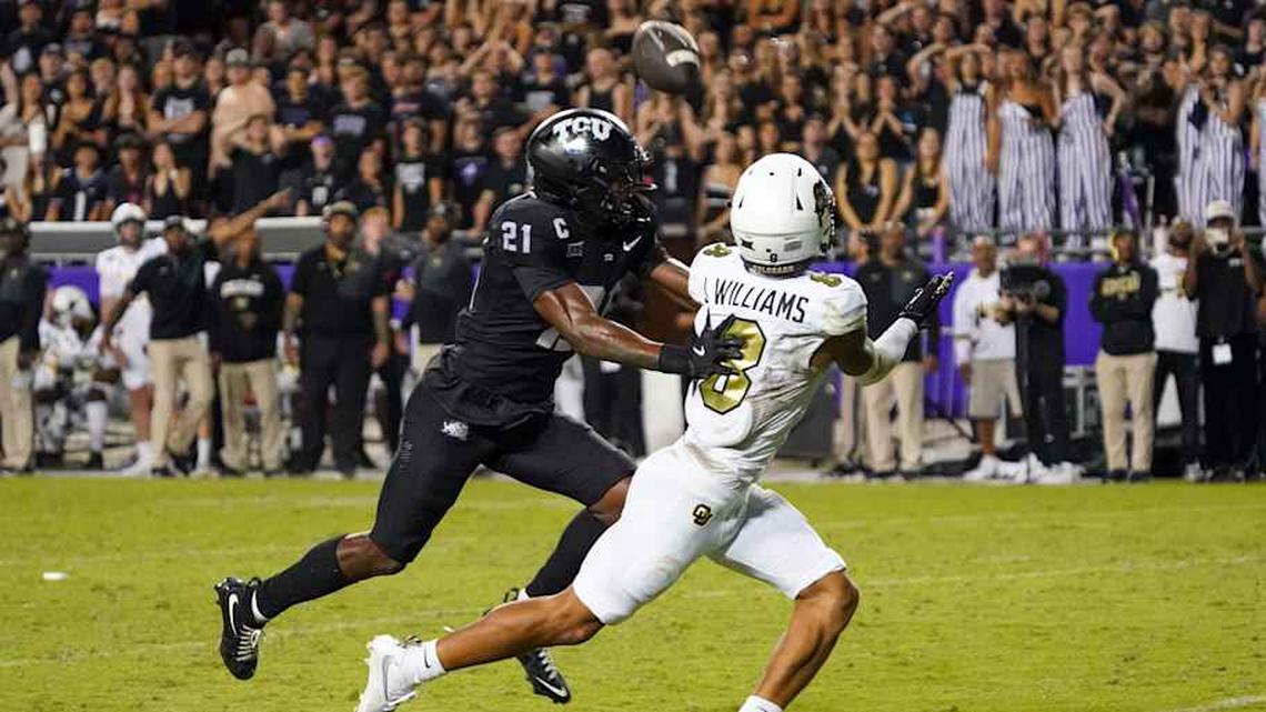  Oct 4, 2025; Fort Worth, Texas, USA; TCU Horned Frogs safety Bud Clark (21) breaks up the pass to Colorado Buffaloes wide receiver Joseph Williams (8) during the second half at Amon G. Carter Stadium. Mandatory Credit: Raymond Carlin III-Imagn Images | Raymond Carlin III-Imagn Images 
