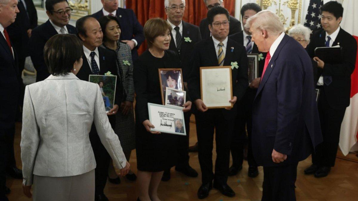 US President Donald Trump (R) and Japan Prime Minister Sanae Takaichi (L) attend a meeting with relatives of Japanese nationals abducted by North Korea at the Akasaka Palace State Guest House in Tokyo, Japan. Photo by KIYOSHI OTA / EPA