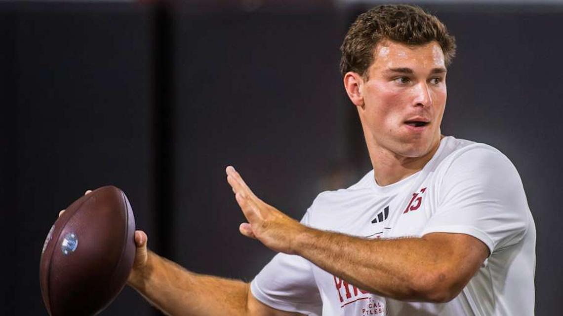  Fernando Mendoza participates in Indiana University's Pro Day at Mellencamp Pavilion on Wednesday, April 1, 2026. | Rich Janzaruk/Herald-Times / USA TODAY NETWORK via Imagn Images 