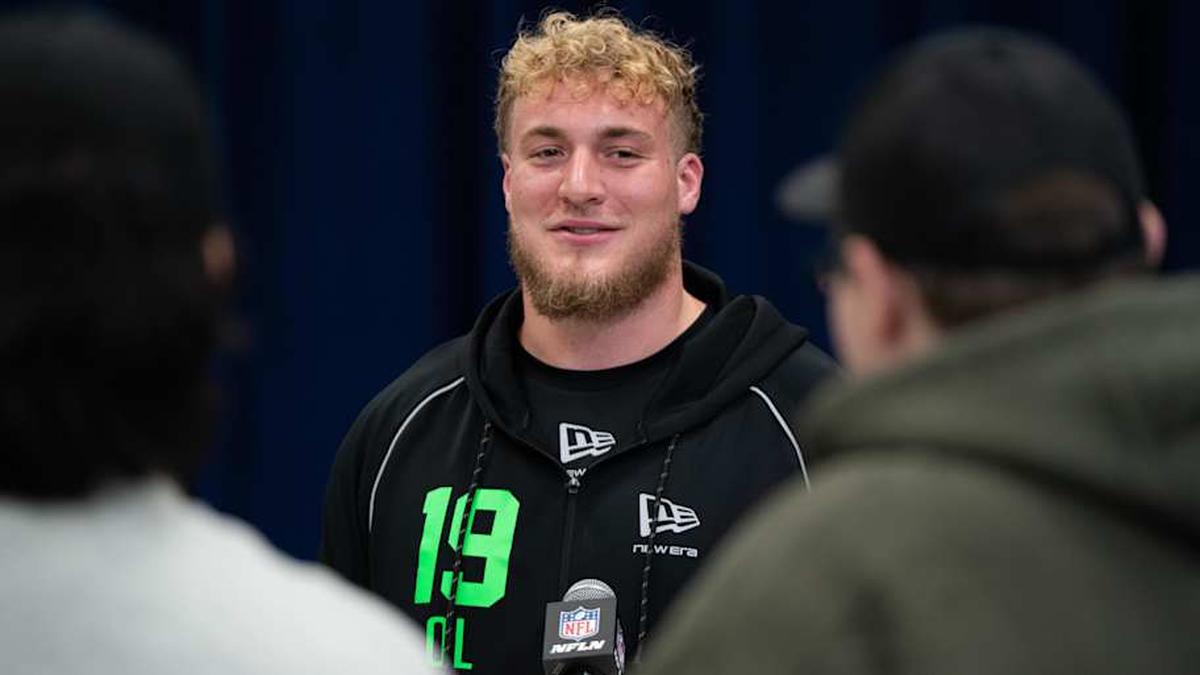 Feb 28, 2026; Indianapolis, IN, USA; UCLA offensive lineman Garrett Digiorgio (OL19) speaks to members of the media during the NFL Combine at the Indiana Convention Center. Mandatory Credit: Jacob Musselman-Imagn Images | Jacob Musselman-Imagn Images 