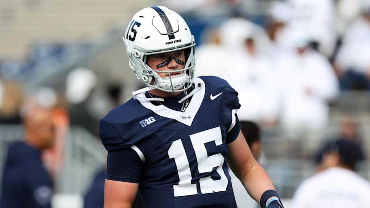  Oct 11, 2025; University Park, Pennsylvania, USA; Penn State Nittany Lions quarterback Drew Allar (15) stands on the field during a warmup prior to the game against the Northwestern Wildcats at Beaver Stadium. Mandatory Credit: Matthew O'Haren-Imagn Images | Matthew O'Haren-Imagn Images 
