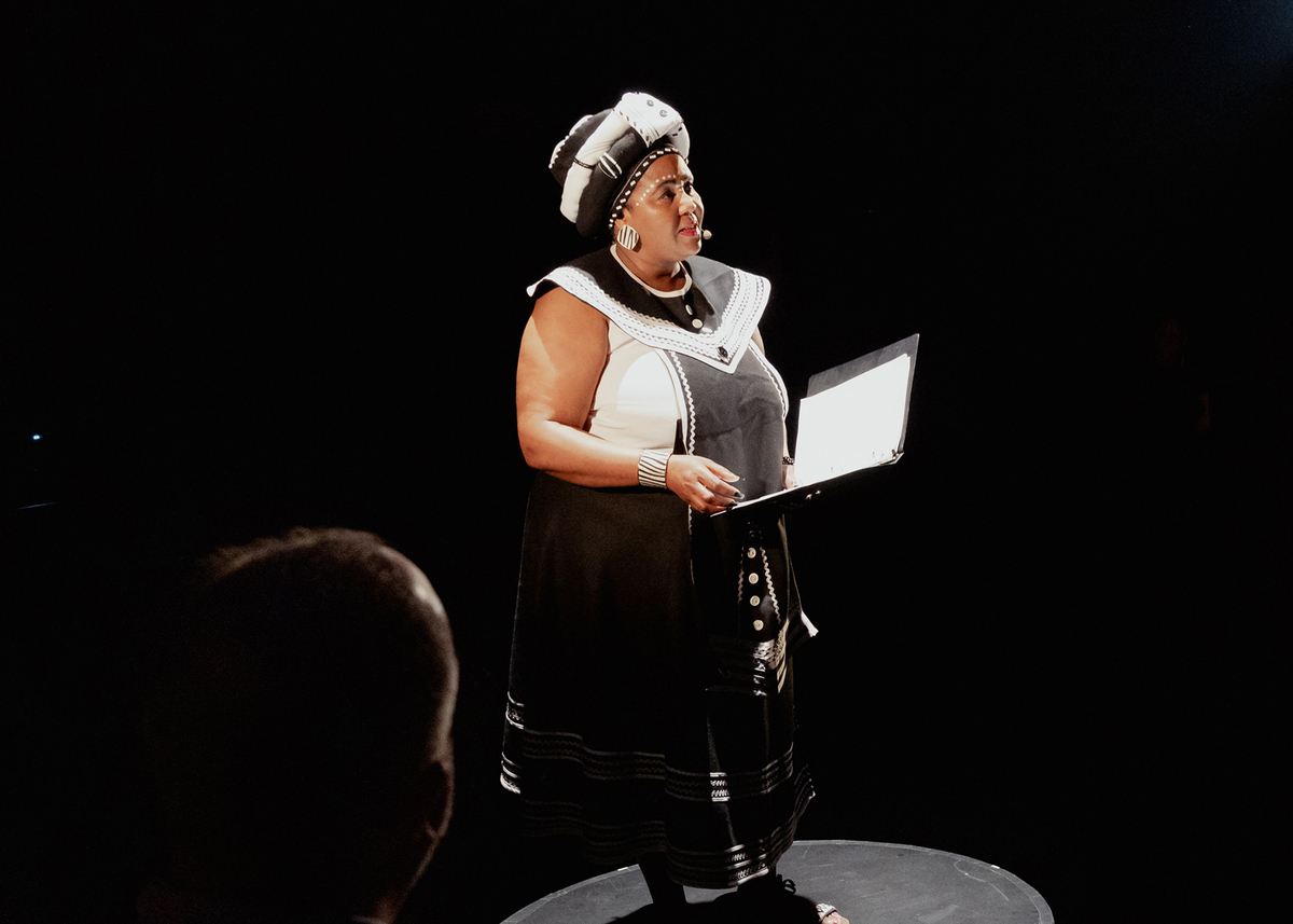 Poet Nandi Jola during a performance of "North Star" at the Irish Arts Center in New York, June 6, 2026. The new show combines speeches by abolitionist Frederick Douglass, who fled briefly to Britain and Ireland while being hunted by slavers, with performances by local students. (Rachel Papo/The New York Times)