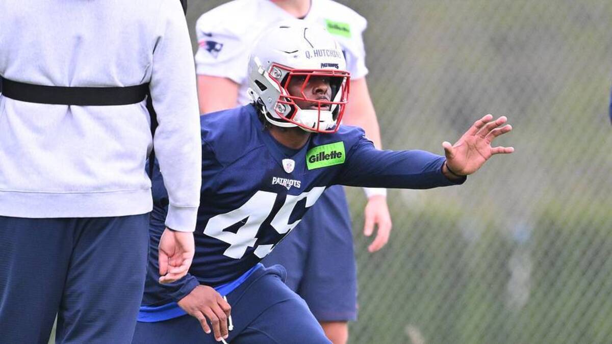  May 9, 2026; Foxborough, MA, USA; New England Patriots linebacker Quintayvious Hutchins (45) does a drill with coaching staff during the New England Patriots rookie camp at Gillette Stadium. Mandatory Credit: Eric Canha-Imagn Images | Eric Canha-Imagn Images 