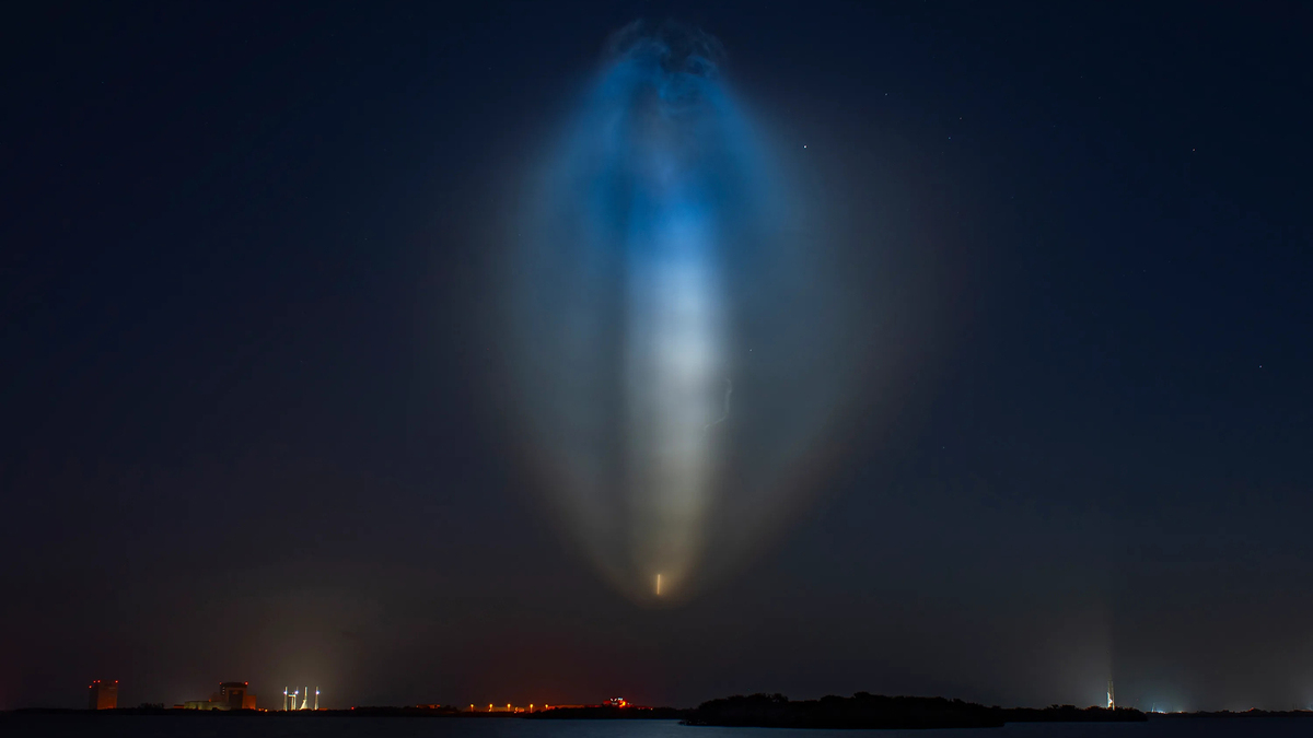A SpaceX Falcon 9 that launched from Cape Canaveral Space Force Station on July 9, 2026, created the “jellyfish effect” with its exhaust trail. (SpaceX/TNS)