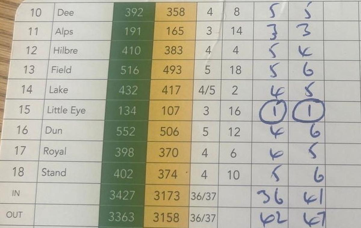  The scorecard marking the back-to-back hole-in-ones. (David Lewis via SWNS) 