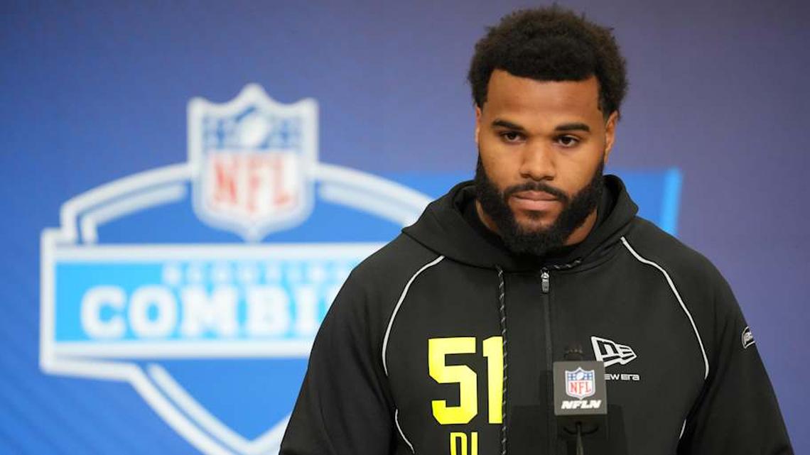  Feb 25, 2026; Indianapolis, IN, USA; Miami defensive lineman Akheem Mesidor (DL51) speaks during the NFL Scouting Combine at the Indiana Convention Center. Mandatory Credit: Kirby Lee-Imagn Images | Kirby Lee-Imagn Images 