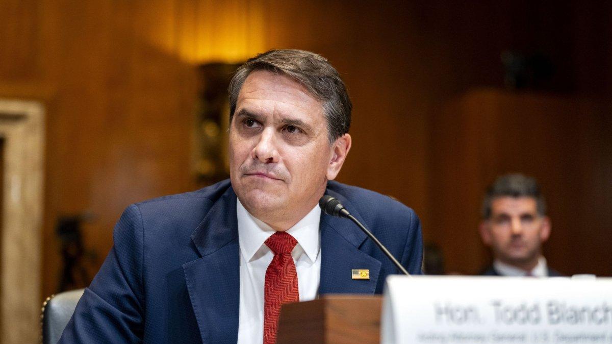Acting Attorney General Todd Blanche looks on during a subcommittee hearing May 19 in the Dirksen Senate Office Building near the U.S. Capitol in Washington, D.C. Blanche said Tuesday the Department of Justice will not operate a planned "anti-weaponization" fund. Photo by Bonnie Cash/UPI