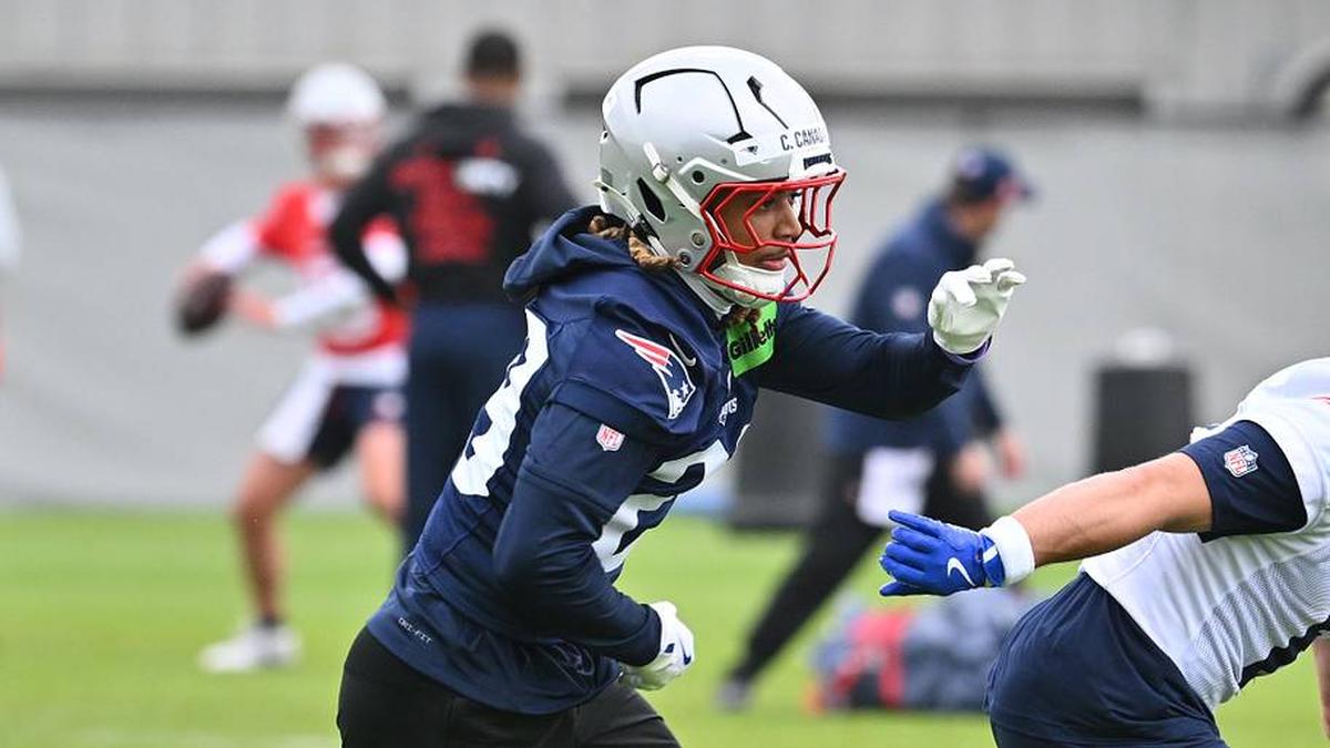  May 9, 2026; Foxborough, MA, USA; New England Patriots cornerback Channing Canada (29) does a coverage drill with wide receiver Cade Harris (6) during the New England Patriots rookie camp at Gillette Stadium. Mandatory Credit: Eric Canha-Imagn Images | Eric Canha-Imagn Images 