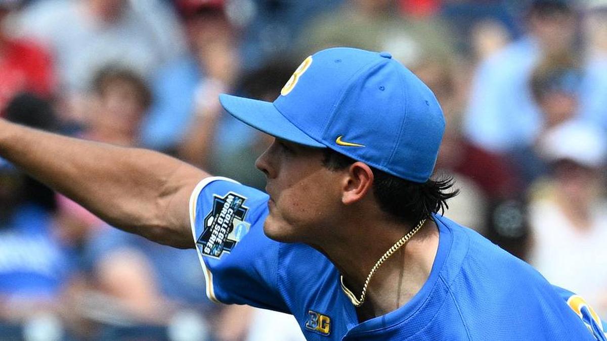  Jun 14, 2025; Omaha, Neb, USA; UCLA Bruins pitcher Easton Hawk (27) throws against the Murray State Racers during the ninth inning at Charles Schwab Field. Mandatory Credit: Steven Branscombe-Imagn Images | Steven Branscombe-Imagn Images 