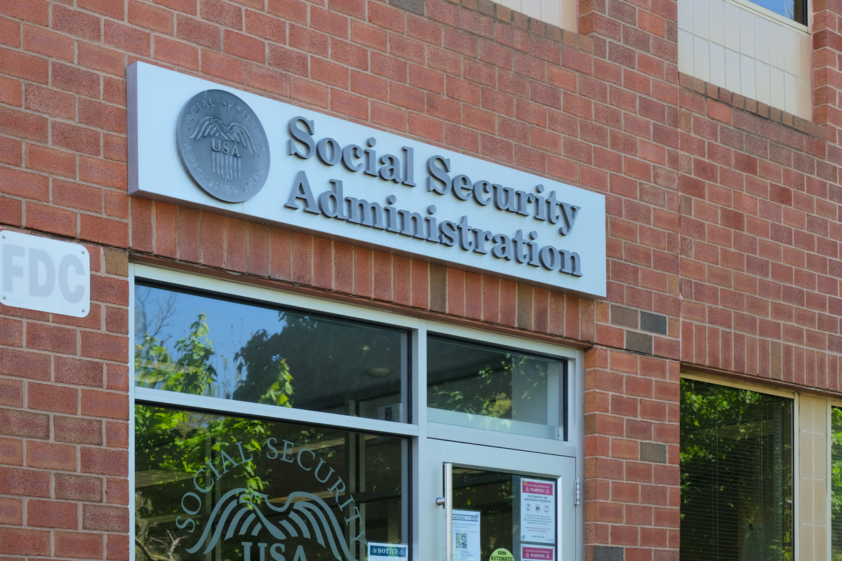  General view of Social Security Administration sign on building wall in Massachusetts on May 10, 2024. 