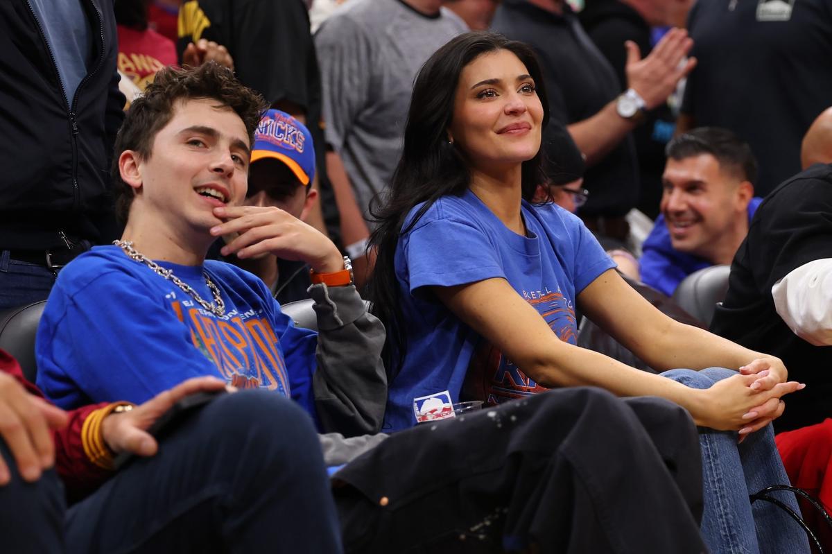 Timothée Chalamet and Kylie Jenner attend Game Four of the NBA Eastern Conference Finals.Gregory Shamus/Getty Images 