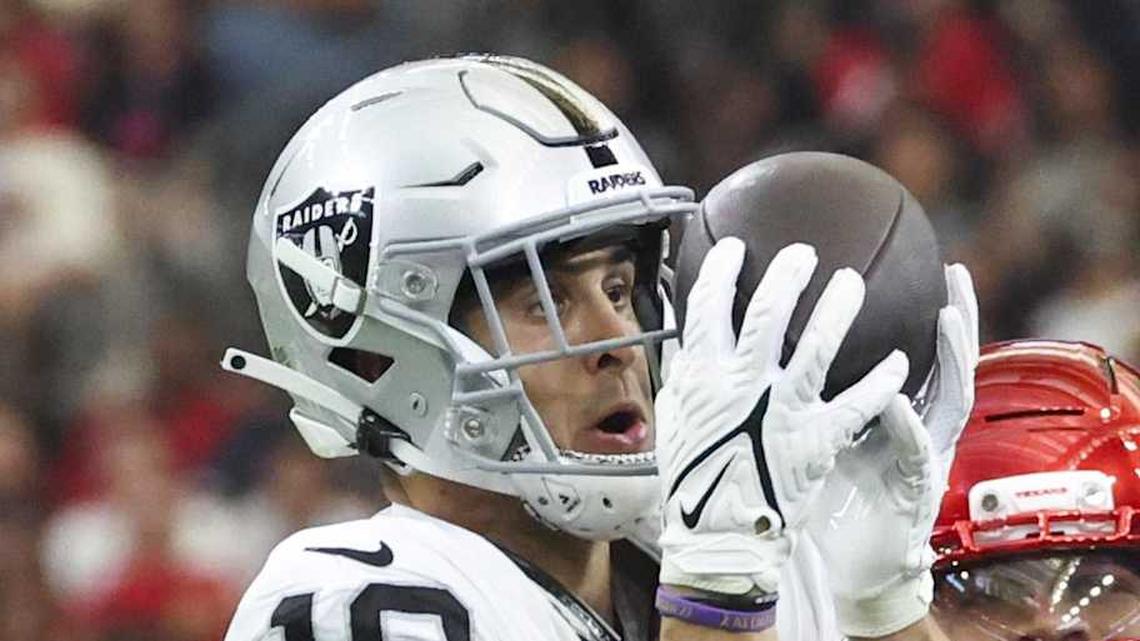  Dec 21, 2025; Houston, Texas, USA; Las Vegas Raiders wide receiver Jack Bech (18) makes a reception as Houston Texans cornerback Derek Stingley Jr. (24) defends during the first half at NRG Stadium. Mandatory Credit: Troy Taormina-Imagn Images | Troy Taormina-Imagn Images 
