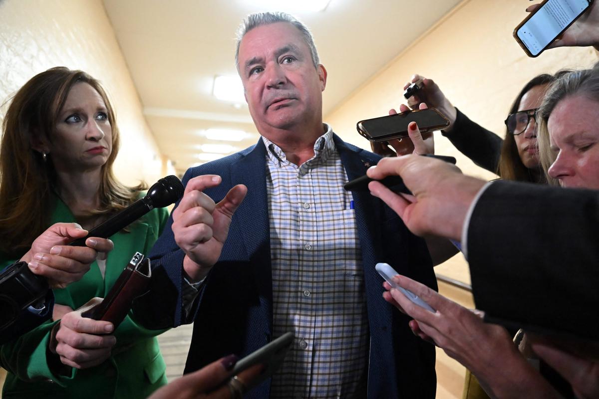  Representative Don Bacon arrives for a GOP caucus meeting at the U.S. Capitol on October 16, 2023. 