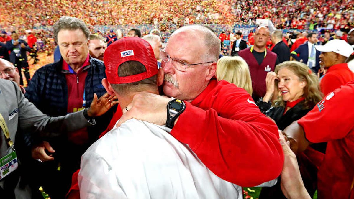  Feb 2, 2020; Miami Gardens, Florida, USA; Kansas City Chiefs head coach Andy Reid greets San Francisco 49ers head coach Kyle Shanahan after Super Bowl LIV at Hard Rock Stadium. Mandatory Credit: Matthew Emmons-Imagn Images | Matthew Emmons-Imagn Images 