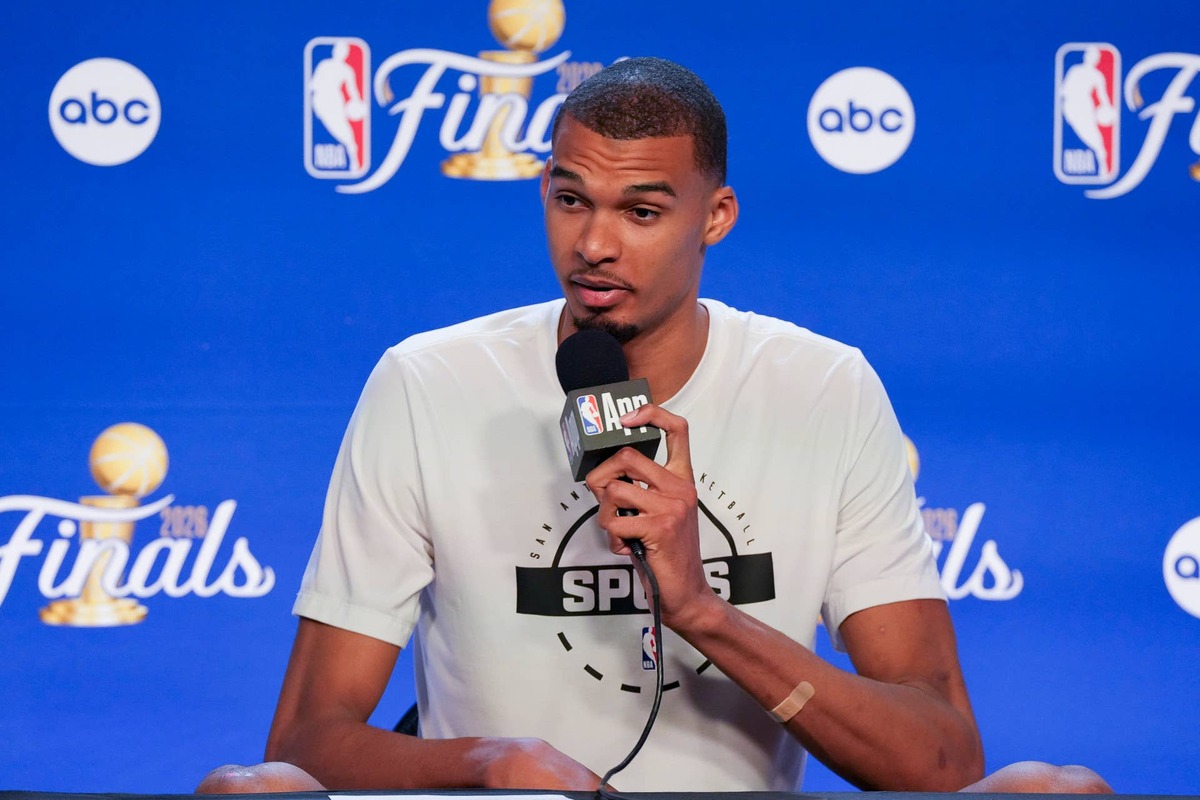  Jun 3, 2026; San Antonio, Texas, USA; San Antonio Spurs forward Victor Wembanyama speaks to the media after game one of the 2026 NBA Finals at Frost Bank Center. Mandatory Credit: Scott Wachter-Imagn Images 