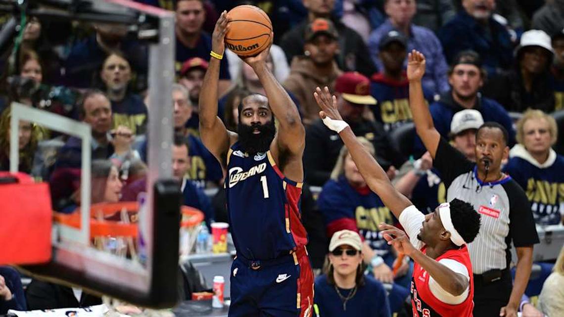  Cavaliers guard James Harden shoots a three-pointer over Raptors guard Ja'Kobe Walter during Monday's Game 2. | David Dermer-Imagn Images 