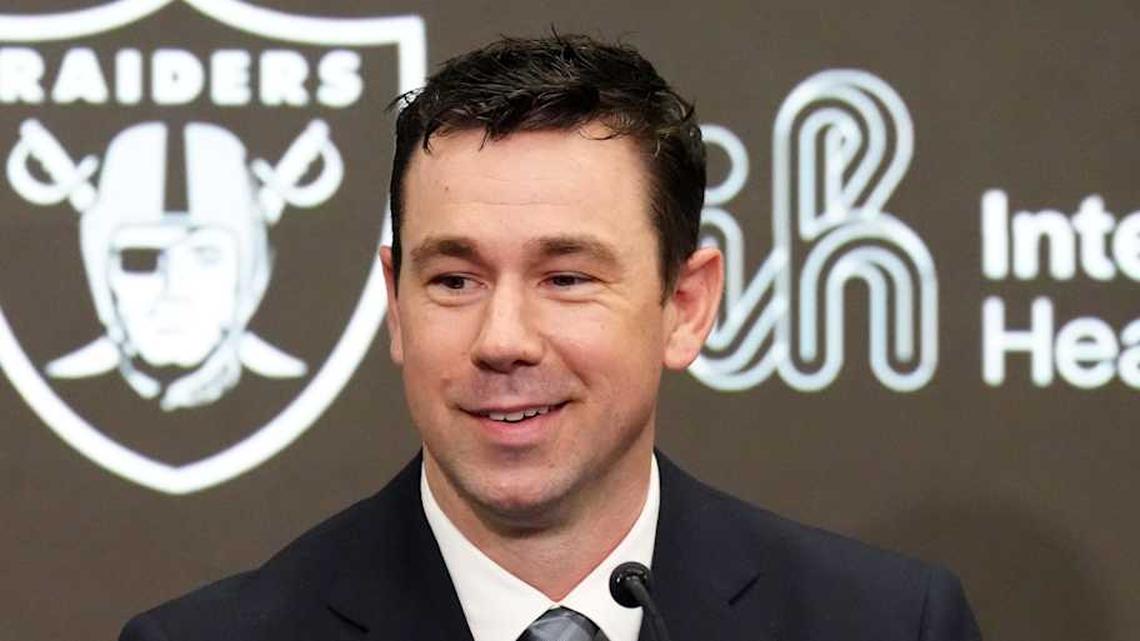  Feb 10, 2026; Henderson, NV, USA; Las Vegas Raiders coach Klint Kubiak speaks at introductory press conference at Intermountain Health Performance Center. Mandatory Credit: Kirby Lee-Imagn Images | Kirby Lee-Imagn Images 
