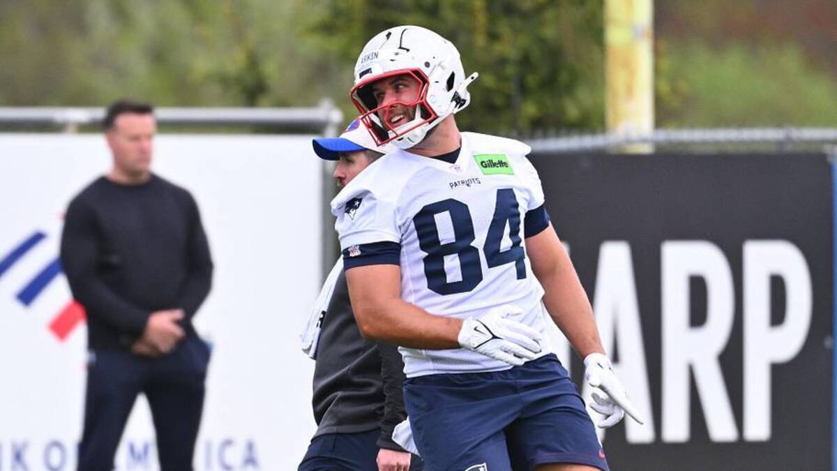  May 9, 2026; Foxborough, MA, USA; New England Patriots tight end Tanner Arkin (84) participates at the New England Patriots rookie camp at Gillette Stadium. Mandatory Credit: Eric Canha-Imagn Images | Eric Canha-Imagn Images 