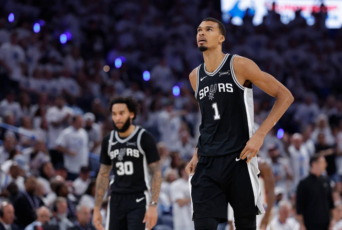  May 26, 2026; Oklahoma City, Oklahoma, USA; San Antonio Spurs forward Victor Wembanyama (1) reacts after a play during the third quarter against the Oklahoma City Thunder in game five of the western conference finals for the 2026 NBA playoffs at Paycom Center. Mandatory Credit: Alonzo Adams-Imagn Images 
