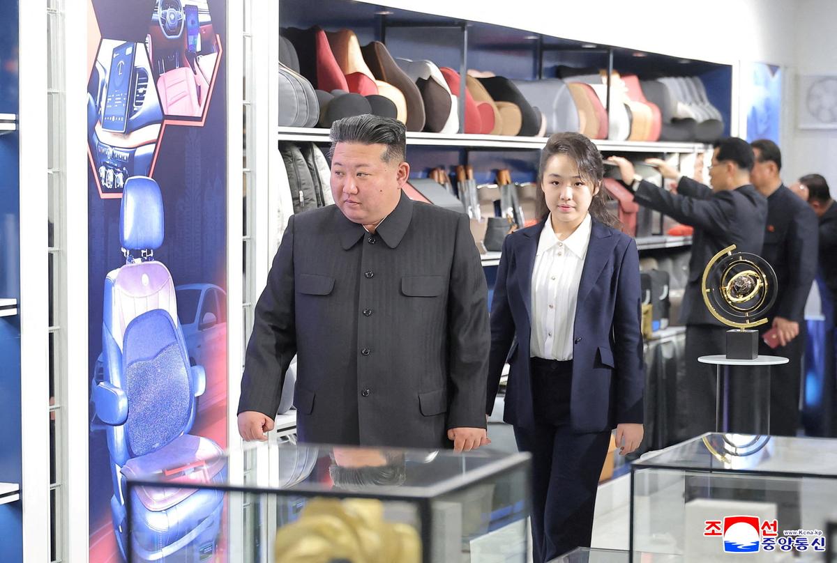 North Korean leader Kim Jong Un visits the Misan automobile technology service center as he inspects service facilities in the Fourth-Stage District of the Hwasong area, accompanied by his daughter Kim Ju Ae, in Pyongyang, North Korea, in this picture released by North Korea's official Korean Central News Agency on April 3, 2026. KCNA via REUTERS