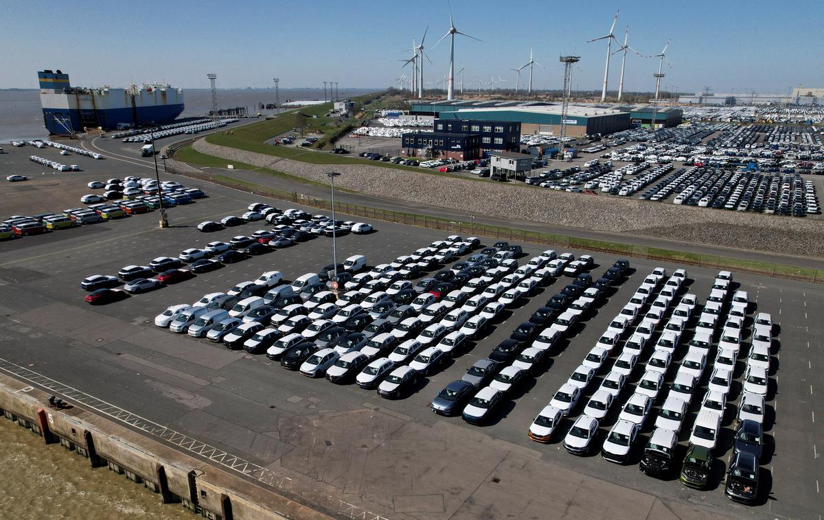 Drone view shows Volkswagen Group cars bound for cargo ship export to the United States at the seaport of Emden near the estuary, where the River Ems flows into the North Sea, in Emden, Germany, April 2, 2025. REUTERS/Erol Dogrudogan