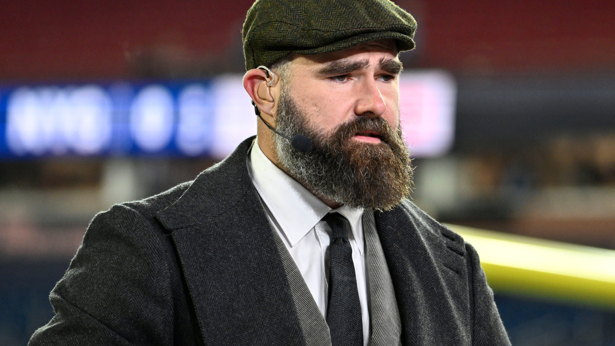 Monday Night Countdown’s Jason Kelce talks during the pregame show prior to the game between the New York Giants and the New England Patriots at Gillette Stadium.