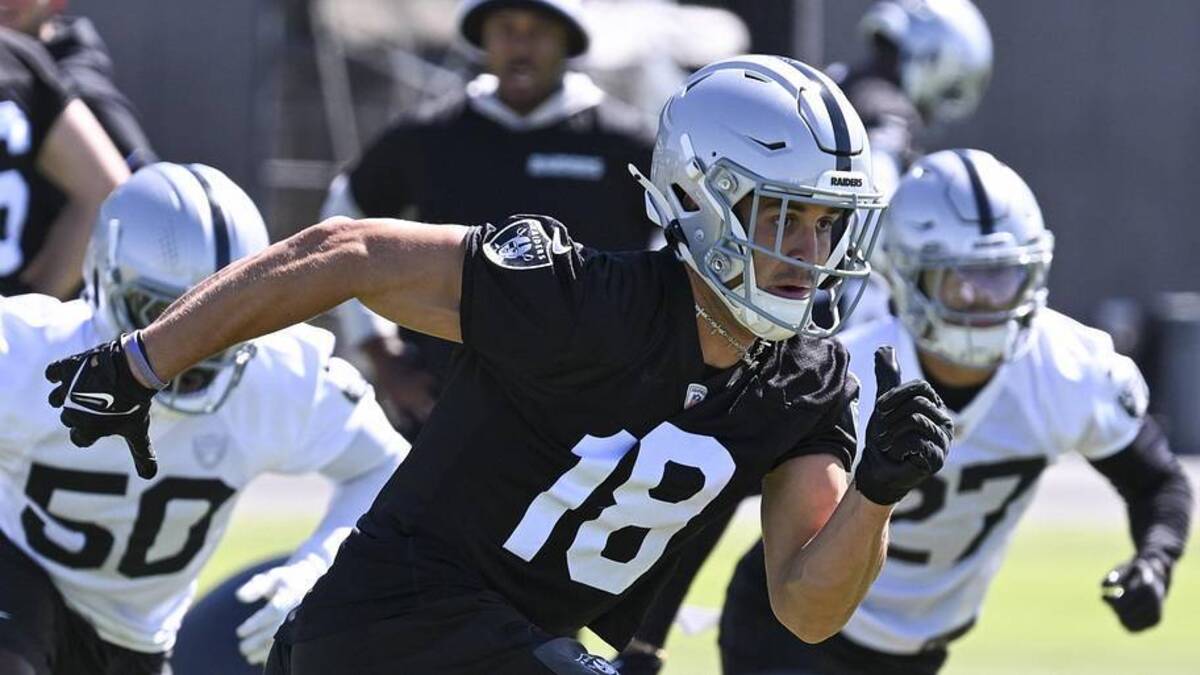  May 28, 2026; Henderson, NV, USA; Las Vegas Raiders wide receiver Jack Bech (18) runs through a drill during organized team activities at Intermountain Health Performance Center. Mandatory Credit: Candice Ward-Imagn Images | Candice Ward-Imagn Images 
