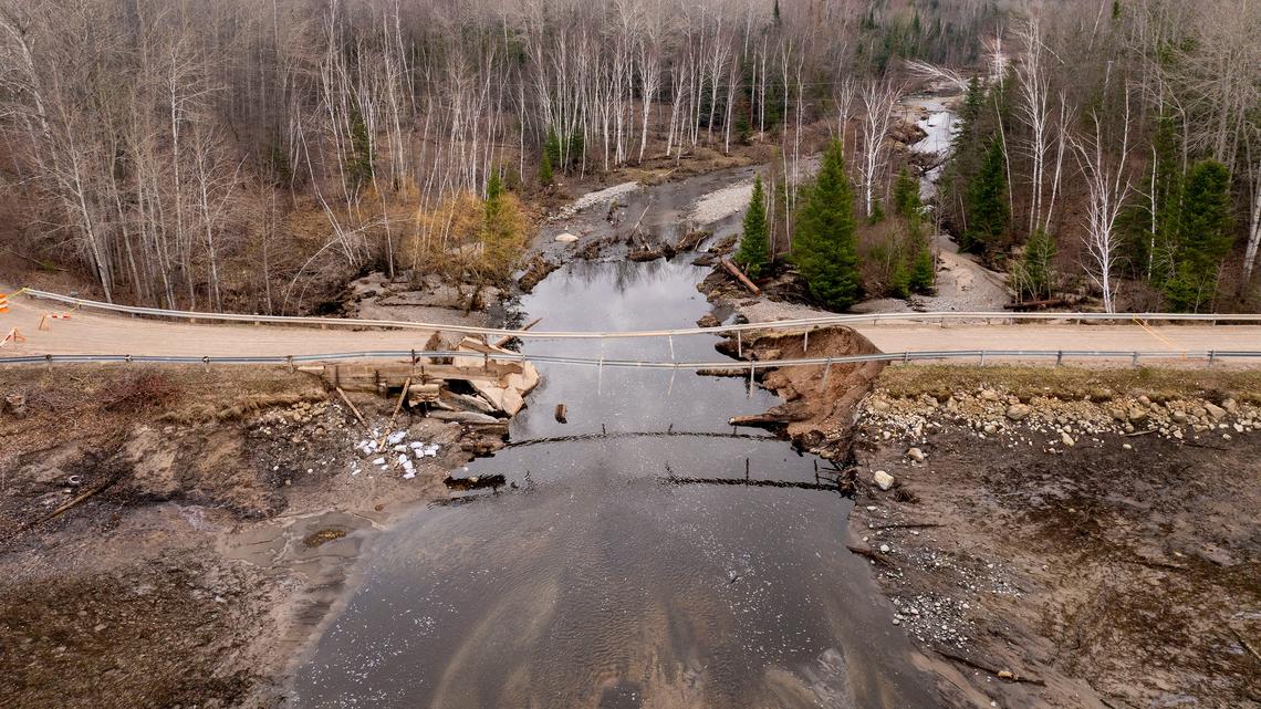 The dam at Buck's Pond, in Barton City, Michigan, on April 16, 2026. The private dam failed the night of April 13, emptying the contents of the pond. (David Guralnick/The Detroit News/TNS)