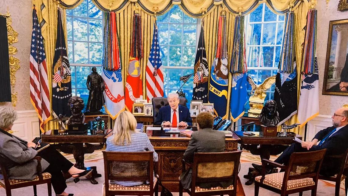 Karen Bass and Kathryn Barger meet with President Trump, Susie Wiles and Russ Vought to discuss Los Angeles fire recovery efforts at the Oval Office on April 22, 2026, in Washington, D.C. (Daniel Torok/White House/TNS)