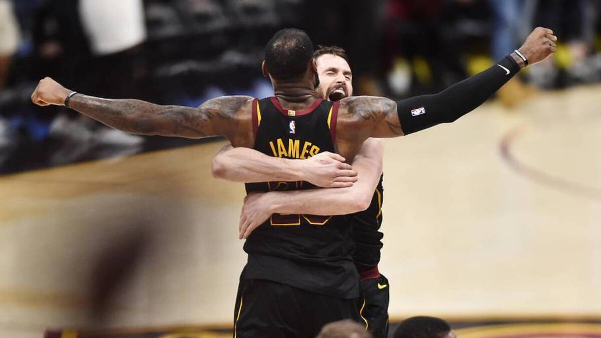  May 5, 2018; Cleveland, OH, USA; Cleveland Cavaliers forward LeBron James (23) and center Kevin Love (0) celebrate after James hit the final shot to win the game against the Toronto Raptors in game three of the second round of the 2018 NBA Playoffs at Quicken Loans Arena. Mandatory Credit: Ken Blaze-Imagn Images | Ken Blaze-Imagn Images 